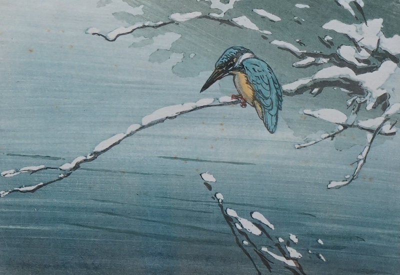 Allen W. Seaby (1867-1953), woodcut in colour, 'The little kingfisher', signed in pencil, limited edition of 100, label verso, 14.5 x 20cm. Condition - some spots of foxing